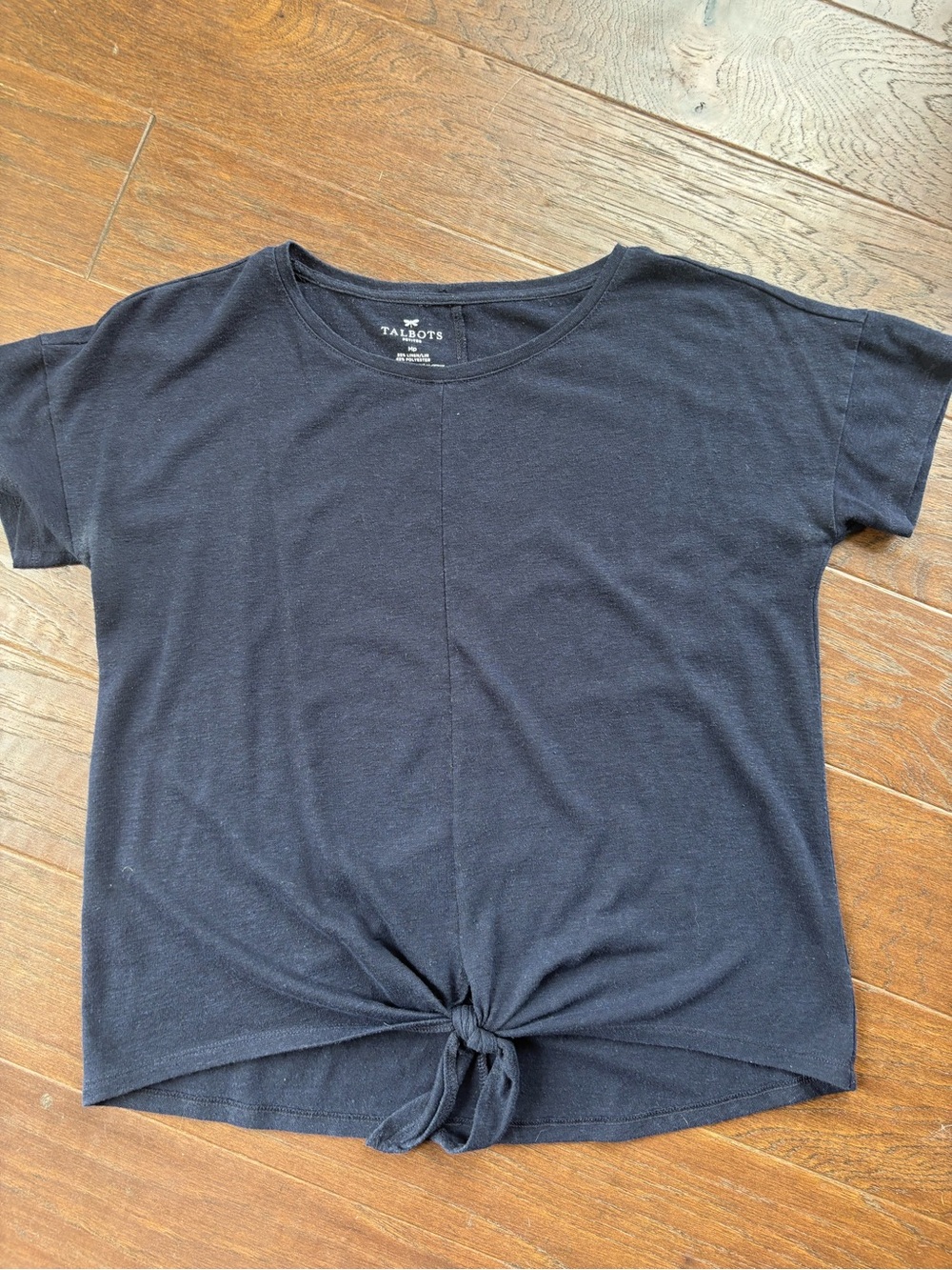 Talbots Linen Navy Short Sleeve Tie-Front Tee Shirt/Top Medium